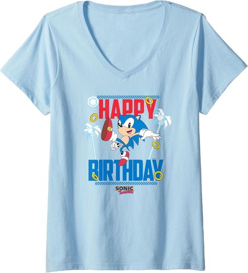 Womens Sonic The Hedgehog Birthday Happy Birthday Sonic Big Poster V-Neck T-Shirt