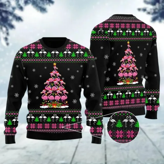Flamingo Christmas Tree Ugly Sweater, Pink Bird Holiday Sweatshirt Gift