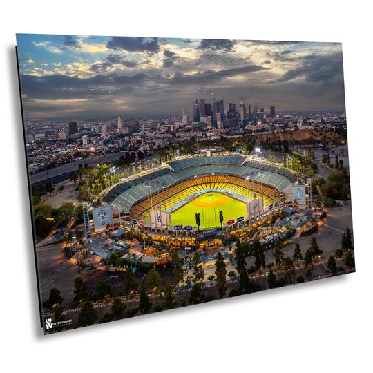 Discover Golden Hour at Dodger Stadium Wall Art, Stunning Aerial View of LAs Iconic Ballpark, Downtown Skyline Acrylic, Metal or Canvas Print Decor