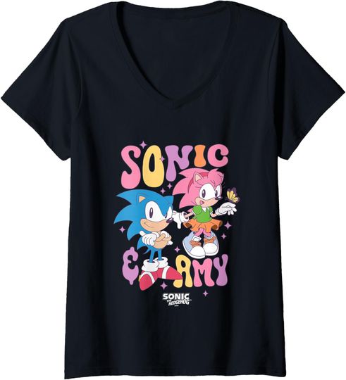Discover Womens Sonic The Hedgehog Sonic & Amy Cute Vintage Shot V-Neck T-Shirt