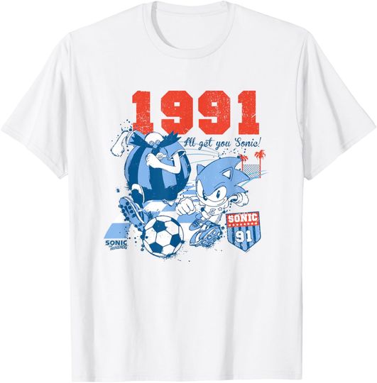 Discover Sonic The Hedgehog Americana Sonic VS Robotnik Soccer Retro T-Shirt