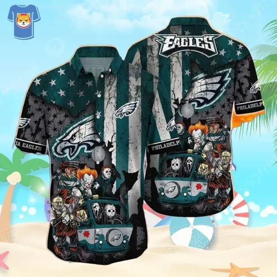 Discover Horror Halloween Characters Football Philadelphia Eagles Hawaiian Shirt