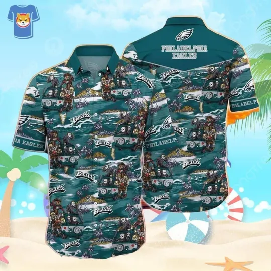 Discover Halloween Characters Football Philadelphia Eagles Hawaiian Shirt, Gift For Football Fan