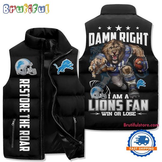 Detroit Lions Sporty Mascot Design Sleeveless Puffer Jacket