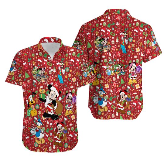 Disney Mickey and Friends Hawaiian Shirt, Red Christmas Hawaii Shirt, Disneyland Xmas Vacation Button Up Shirt, Disneyworld Aloha Shirt