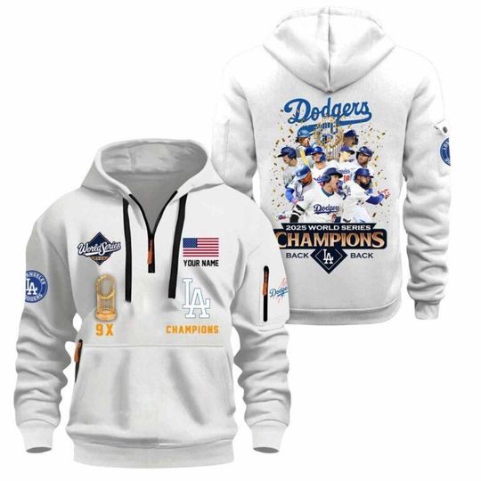 Discover Dodgers 9X Back 2 Back World Series 2025 Quarter Zip Hoodie