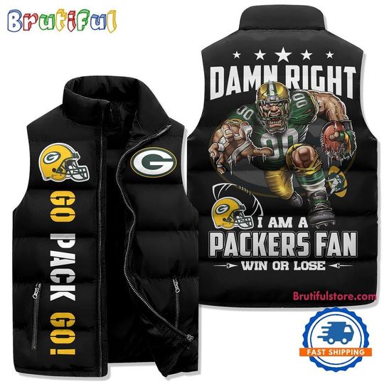 Green Bay Packers Sporty Mascot Design Sleeveless Puffer Jacket