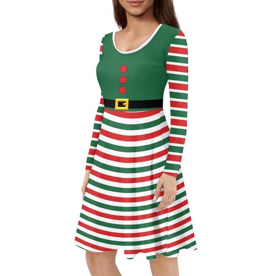 Holiday Elf Dress Christmas Party Dress Long Sleeve Pocket Dance Green Red Stripes Secret Santa's Helper Costume Gift