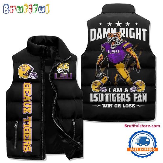 LSU Tigers Football Sporty Mascot Design Sleeveless Puffer Jacket