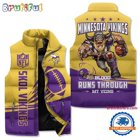 Minnesota Vikings Sporty Mascot Design Sleeveless Puffer Jacket