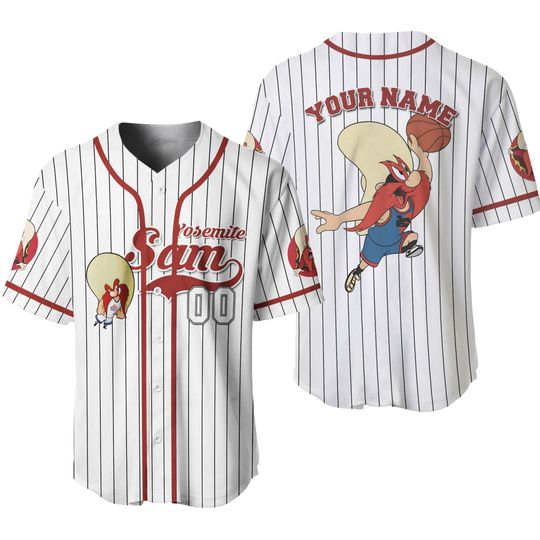 Personalize Yosemite Sam Jersey Red White, Baseball Team Outfit, Gift for Space Jamz Fans, Tune Squad Jersey, Looney Tunes Family Jersey