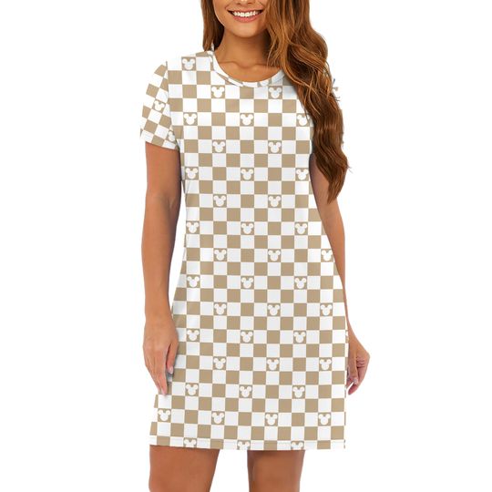 Disney Dress, Disney Dresses for Women, Disney T-Shirt Dress, Disney World Dress, Mickey Mouse Checker T-shirt Dress, Neutral Beige