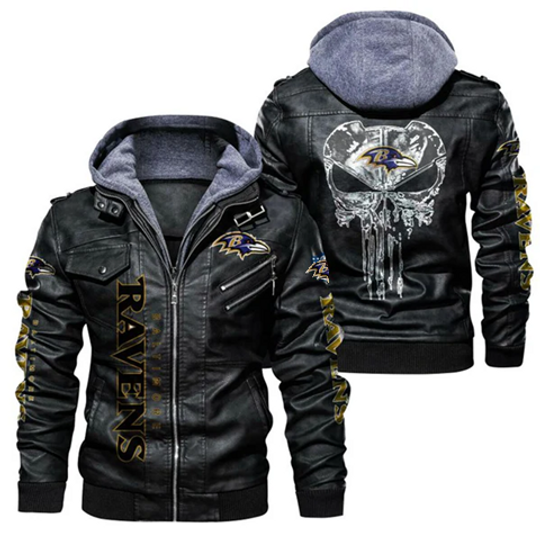 Men's Baltimore Ravens Skull Hooded Leather Jacket, Gift For Father