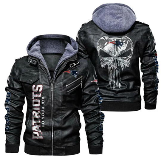 Men's New England Patriots Skull Hooded Leather Jacket, Gift For Father