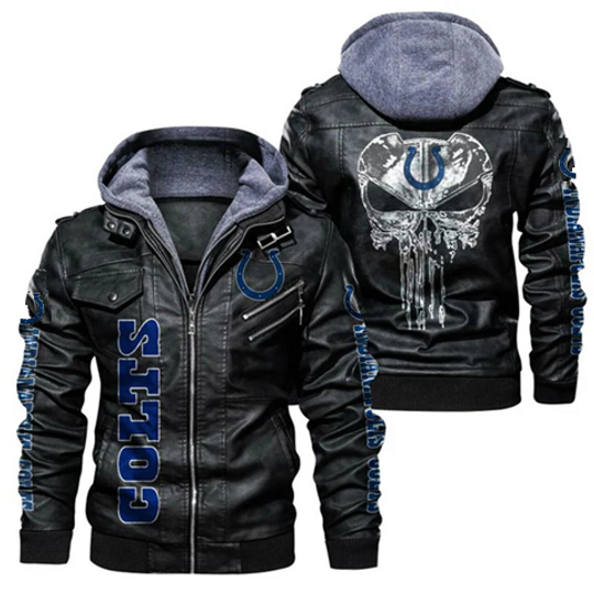 Men's Indianapolis Colts Skull Hooded Leather Jacket, Gift For Father