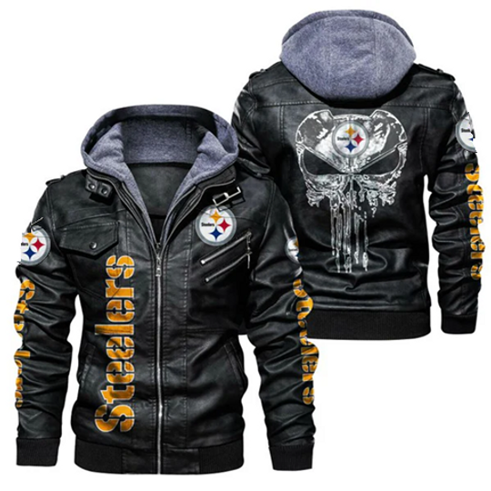 Men's Pittsburgh Steeler Skull Hooded Leather Jacket, Gift For Father