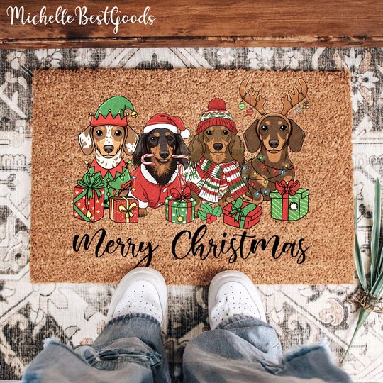 Discover Merry Christmas Dachshund Doormat, Cute Puppies Holiday Pet Mat