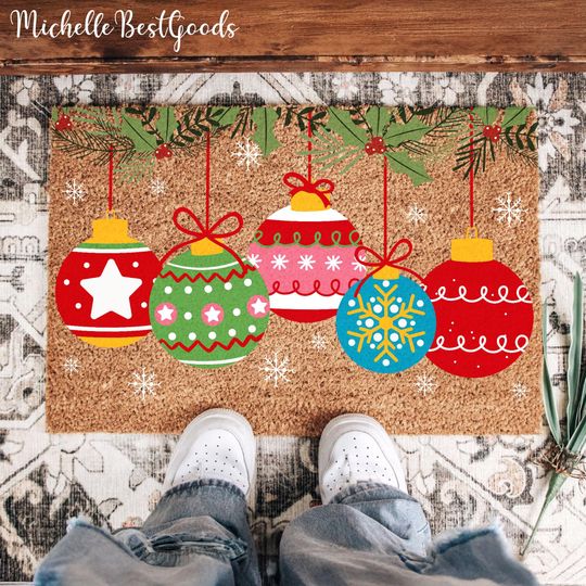 Discover Christmas Ball Ornament Doormat, Festive Floor Mat, Holiday Entrance Rug, Winter Cozy Doormat