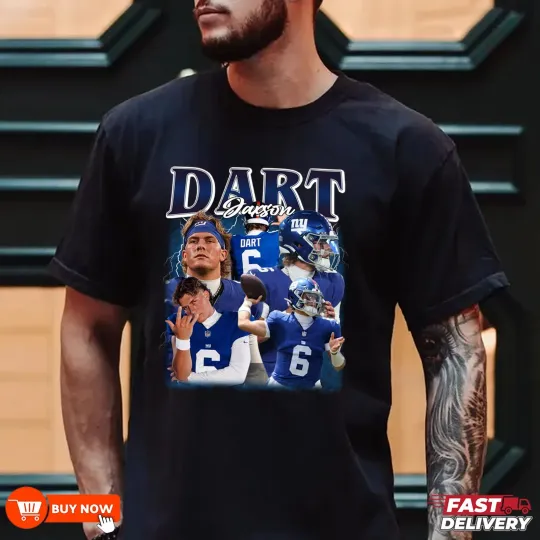 Discover Jaxson Dart New York Giants Team Football TShirt - Multicolors, S-5XL