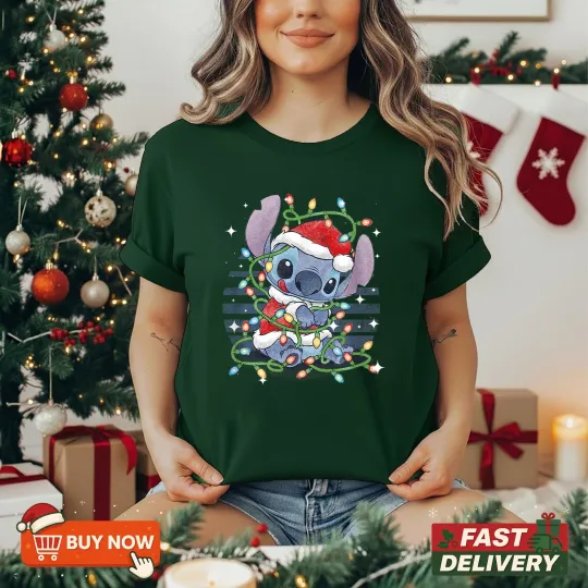 Discover Disney Christmas Shirt, Lilo & Stitch Tangled Lights TShirt - Multicolors, S-5XL