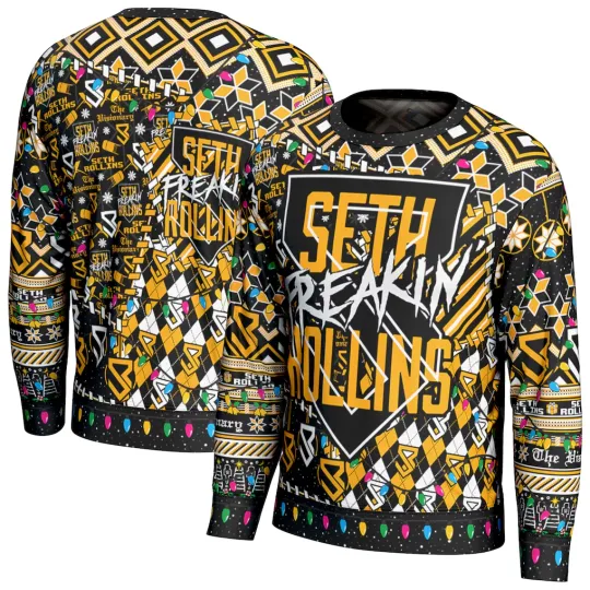 Wrestling Entertainment Seth Rollins Ugly Christmas Sweater Men Women Holiday Pullover Black Gold