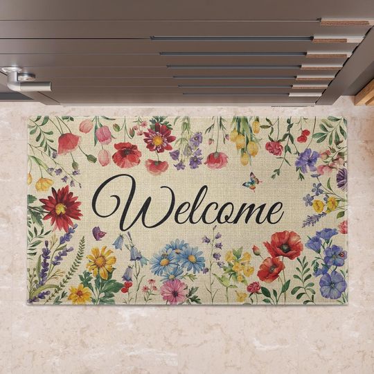 Discover Spring Floral Doormat – Botanical Welcome Mat for Home, Girly Entryway Rug