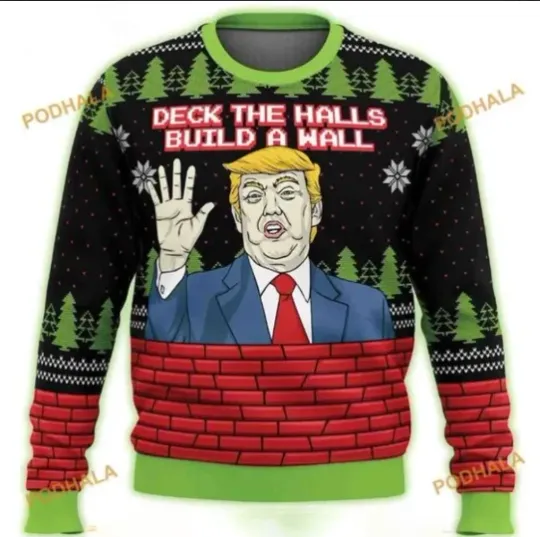 Discover Trump Deck The Halls Build The Wall Ugly Christmas Sweater, Trump Sweater