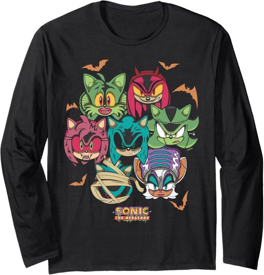 Discover Sonic The Hedgehog Halloween Creepy Monster Faces Group Shot Long Sleeve T-Shirt