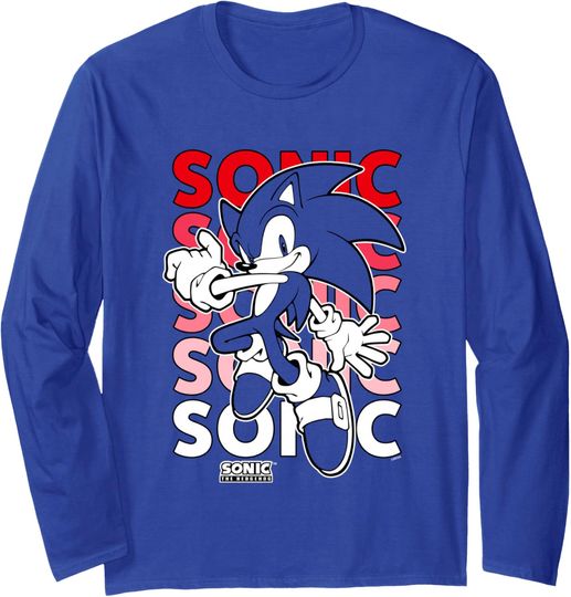 Discover Sonic The Hedgehog Stacked Repeating Name Retro Shot Long Sleeve T-Shirt