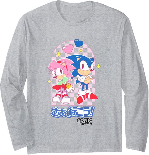 Discover Sonic The Hedgehog Amy Rose & Sonic Kawaii Kanji Portrait Long Sleeve T-Shirt