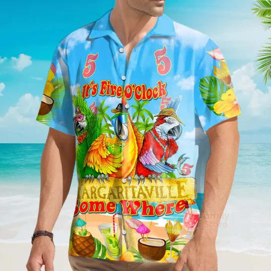 It's 5 O'clock Somewhere Parrot Margaritaville Hawaiian Shirts