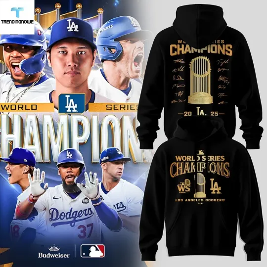 Discover Los Angeles city Dodger 2025 World Series Champions hoodie Black Gold Trophy