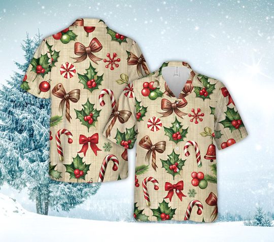 Discover Coquette Christmas Candy Cane Hawaiian Shirt, Holly Berries Button-Down, Men’s & Women’s Xmas Shirt