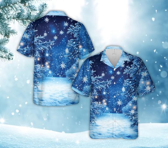 Discover Magical Blue Winter Hawaiian Shirt with Christmas Snowflakes, Festive Holiday Button-Down for Men and Women