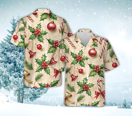 Discover Christmas Holly Berries Hawaiian Shirt, Christmas Bells, Candy Canes Holiday Shirt for Men Women