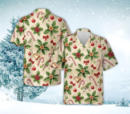 Discover Christmas Candy Cane Hawaiian Shirt, Holly Berries Holiday Shirt for Men and Women