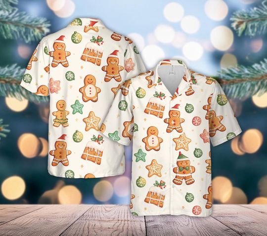 Discover Gingerbread Christmas Cookies Hawaiian Shirt, Christmas Snowflakes Shirt, Holiday Gingerbread Shirt for Men Women