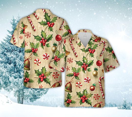 Discover Christmas Candy Cane Hawaiian Shirt, Xmas Holly Berries, Christmas Bells Shirt for Men and Women