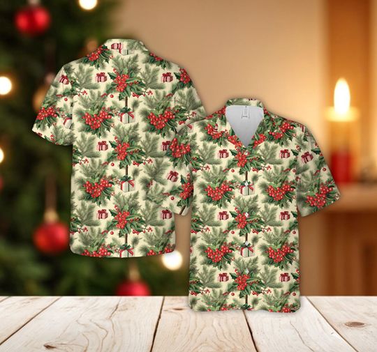 Discover Christmas Holly Leaves and Berries Hawaiian Shirt, Vintage Christmas Presents, Retro Holiday Party Shirt for Men and Women