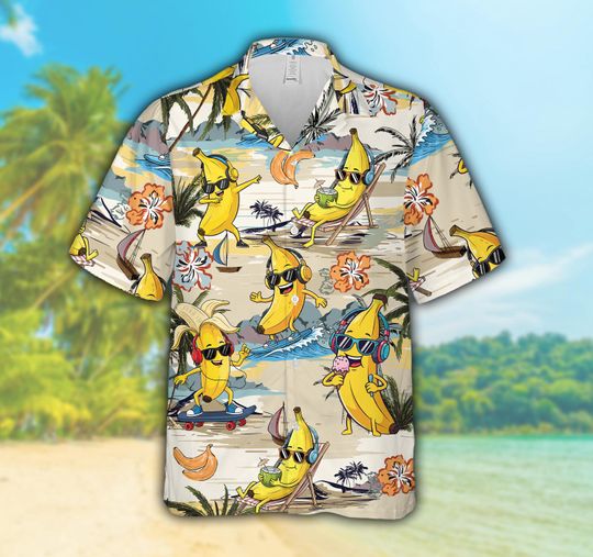 Banana Hawaiian Shirt for Men and Women, Surfing & Skateboarding, Tropical Summer Beach Aloha Shirt