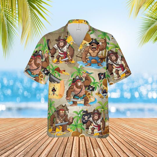 Discover Bigfoot Pirate Hawaiian Shirt for Men and Women, Mythical Creature Pirate Sasquatch