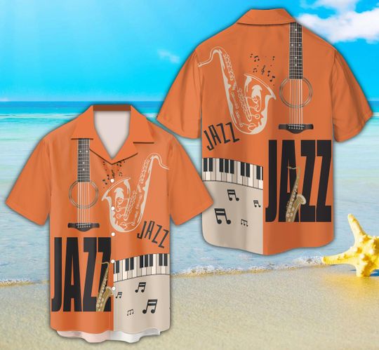 Discover Jazz Music Hawaiian Shirt For Men Women, Guitar Saxophone, Piano & Musical Notes Button Up Shirt, Musical Instrument Apparel, Musician Shirt