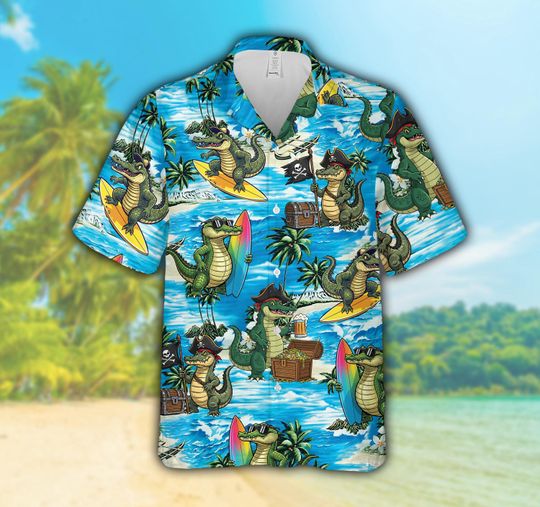 Discover Funny Pirate Alligator Hawaiian Shirt For Men & Women, Surfing Gator And Treasure Chest Button Up Shirt, Tropical Summer Beach Aloha Shirt