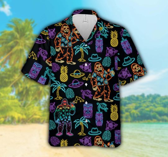 Discover Neon Tropical Bigfoot Hawaiian Shirt For Men Women, Tiki Mask Pineapple UFO Sasquatch Button Up Shirt, Summer Aloha Shirt For Bigfoot Lover