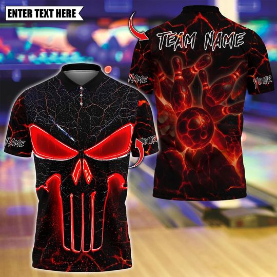 Custom Bowling Polo Shirt with Flame Punisher Skull Design, Personalized Name and Team Options