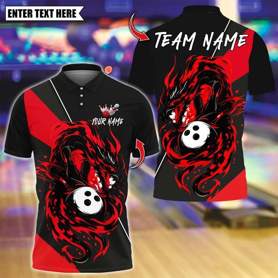 Discover Custom Flame Dragon Strike Bowling Polo Shirt with Personalized Name for Men and Women