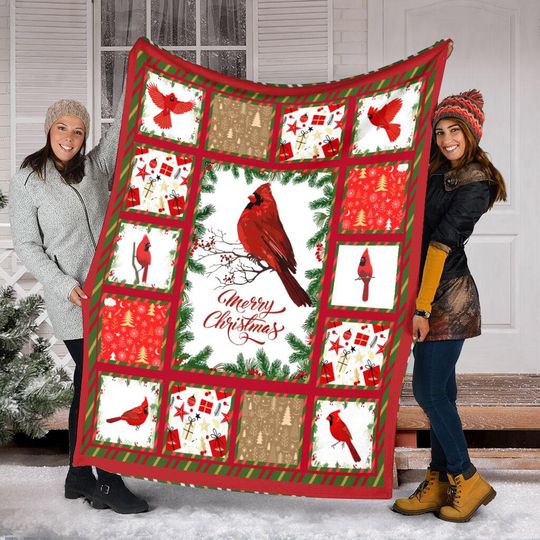 Merry Christmas Cardinal Blanket, Cardinal Memorial Fleece Blanket