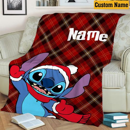 Discover Custom Name Christmas Stitch Blanket, Buffalo Plaid Christmas Fleece Mink Sherpa Blanket, Gifts For Kid, Cute Gift For Baby