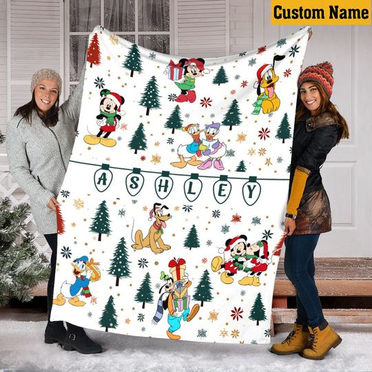 Discover Personalized Name Disney Christmas Blanket, Christmas Tree Blanket, Mickey And Friends Fleece Mink Sherpa Blanket, Gifts For Kid