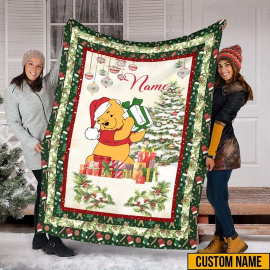 Discover Personalized Name Christmas Winnie The Pooh Blanket, Pooh Santa Christmas Tree Blanket, Merry Christmas Blanket